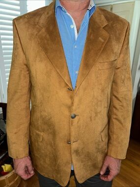 MONDO UOMO 44R camel ultra suede 3 button Tan Satin Lined VINTAGE Blazer